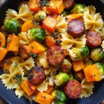 Autumn Dinner with Sausage, Pasta, Brussels Sprouts, and Butternut Squash