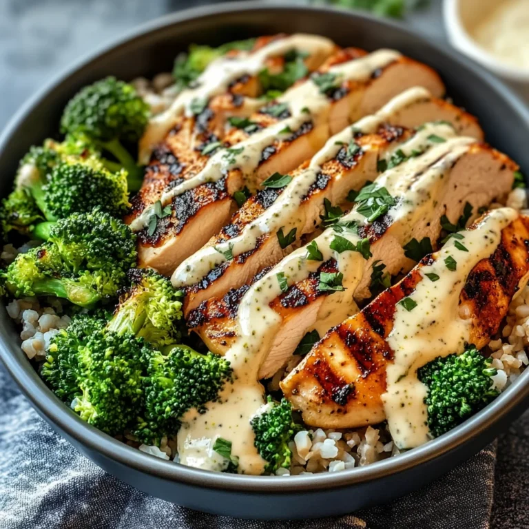 Grilled Chicken & Broccoli Bowls with Creamy Garlic Sauce