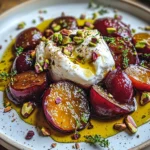 Burrata with Roasted Plums, Pistachios & Thyme