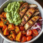 Grilled Chicken Power Bowl with Spiced Sweet Potato Wedges & Avocado Cream