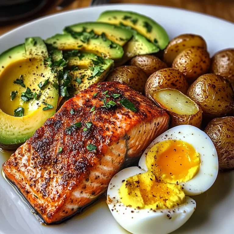 Spiced Salmon with Garlic Herb Potatoes, Avocado & Soft-Boiled Eggs